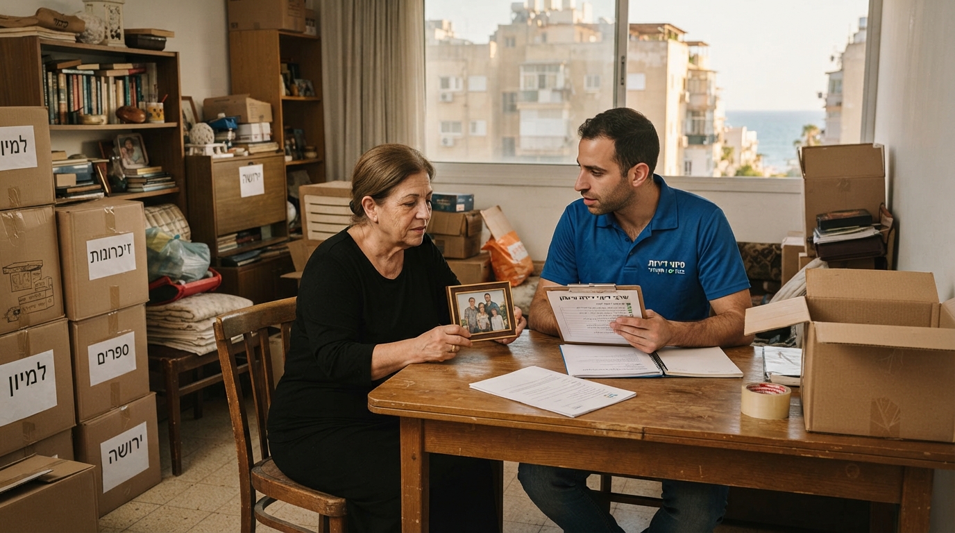דירה בבת ים בתהליך של פינוי וארגון ברגישות, עם ארגזי קרטון ארוזים ומסודרים, המייצגת שירות מקצועי של פינוי דירת עיזבון.
