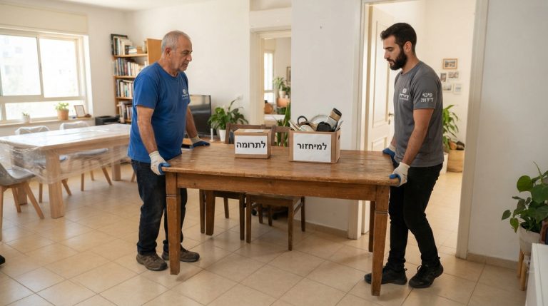 שולחן אוכל ישן מעץ בתוך דירה, המיועד לפינוי, תרומה או מיחזור רהיטים.