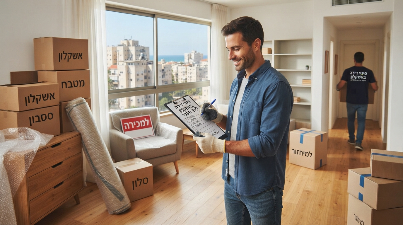 דירה מוארת באשקלון בתהליך פינוי ואריזה, עם ארגזים מסודרים ולוח עם צ'קליסט (רשימת משימות) למעבר דירה.