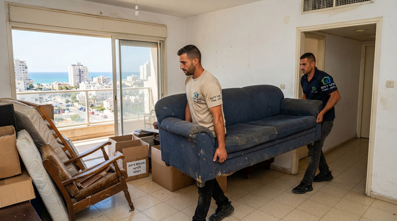 צוות מקצועי של חברת פינוי דירות מוביל ספה ורהיטים ישנים מתוך דירה באשדוד לצורך פינוי ומחזור.