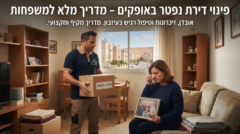 דירה מוארת ומסודרת באופקים במהלך תהליך פינוי עיזבון, עם ארגזים ארוזים בצורה מכבדת ומאורגנת, הממחישה שירות פינוי דירת נפטר ברגישות.