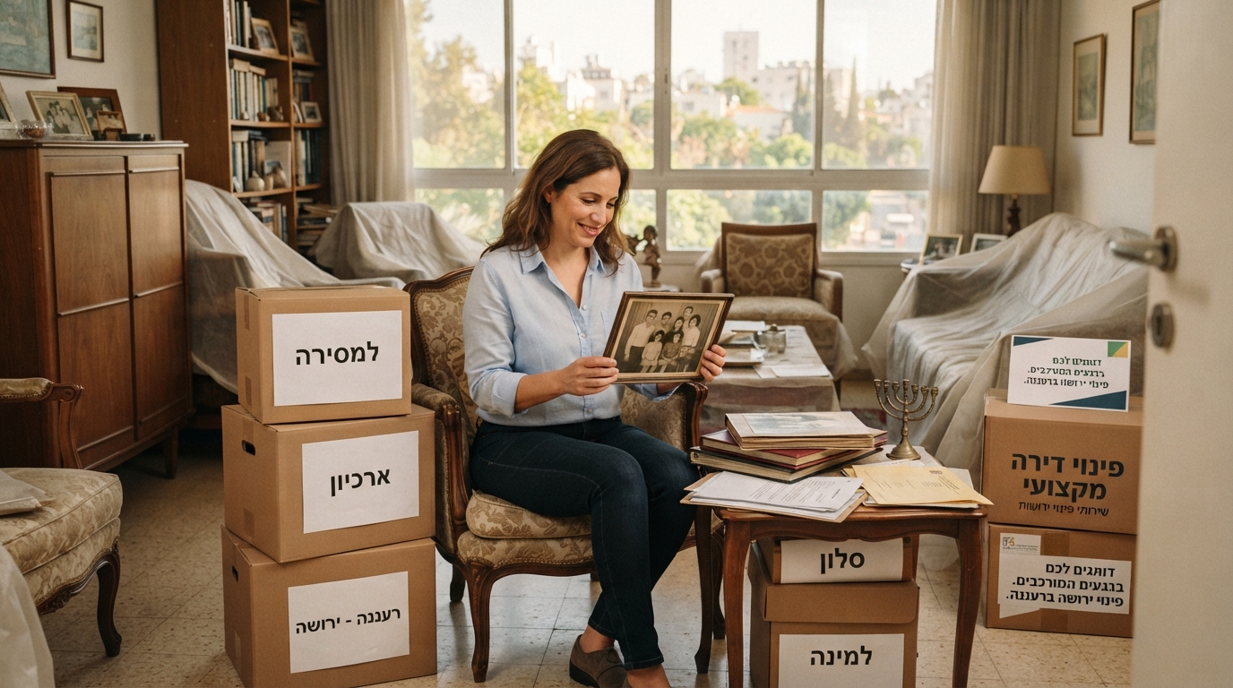 תהליך פינוי וארגון של דירת ירושה ברעננה. ארגזים ארוזים בצורה מסודרת ונקייה בסלון מואר, משדר תחושת הקלה, מקצועיות וסדר בנכס.