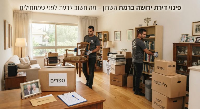 צוות מקצועי של חברת פינוי דירות במהלך מיון, אריזה ופינוי דירת ירושה נקייה ומסודרת ברמת השרון.