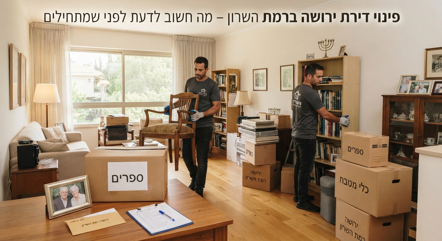 צוות מקצועי של חברת פינוי דירות במהלך מיון, אריזה ופינוי דירת ירושה נקייה ומסודרת ברמת השרון.
