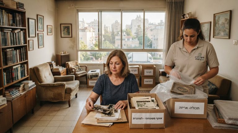 צוות מקצועי של חברת פינוי דירות ממיין בעדינות חפצים ואורז ארגזים בדירת עיזבון מוארת ומסודרת ברמת גן.