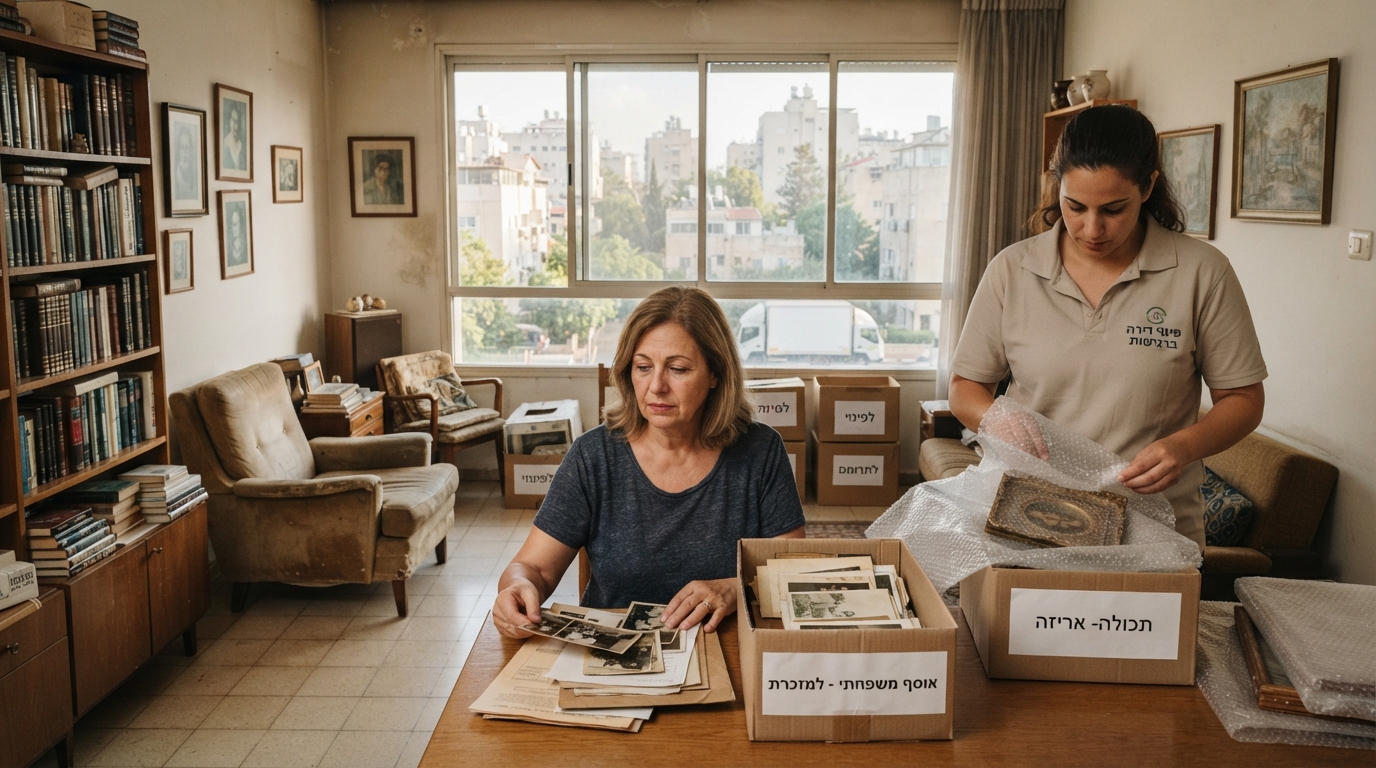 צוות מקצועי של חברת פינוי דירות ממיין בעדינות חפצים ואורז ארגזים בדירת עיזבון מוארת ומסודרת ברמת גן.