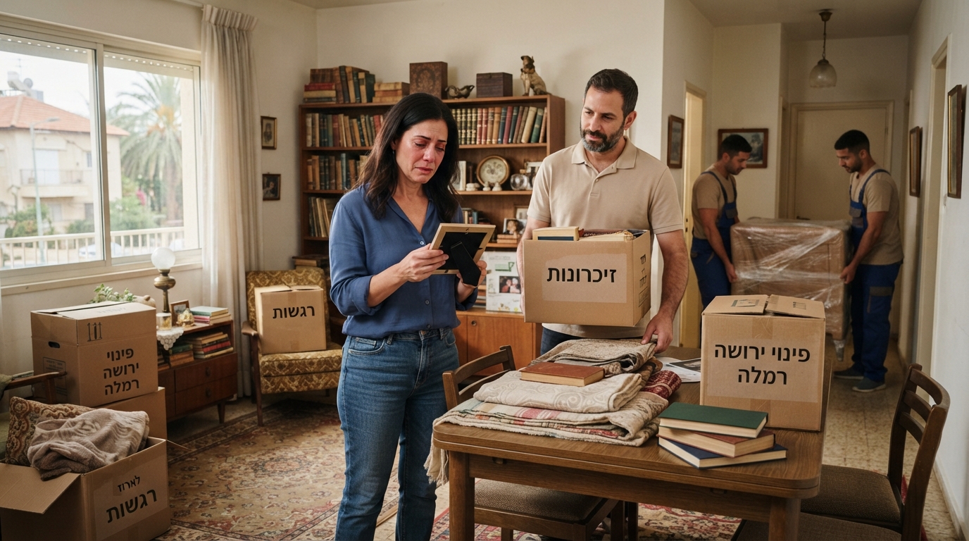 צוות מקצועי של חברת פינוי דירות אורז ומסדר חפצים וארגזים במהלך פינוי דירת ירושה ברמלה.