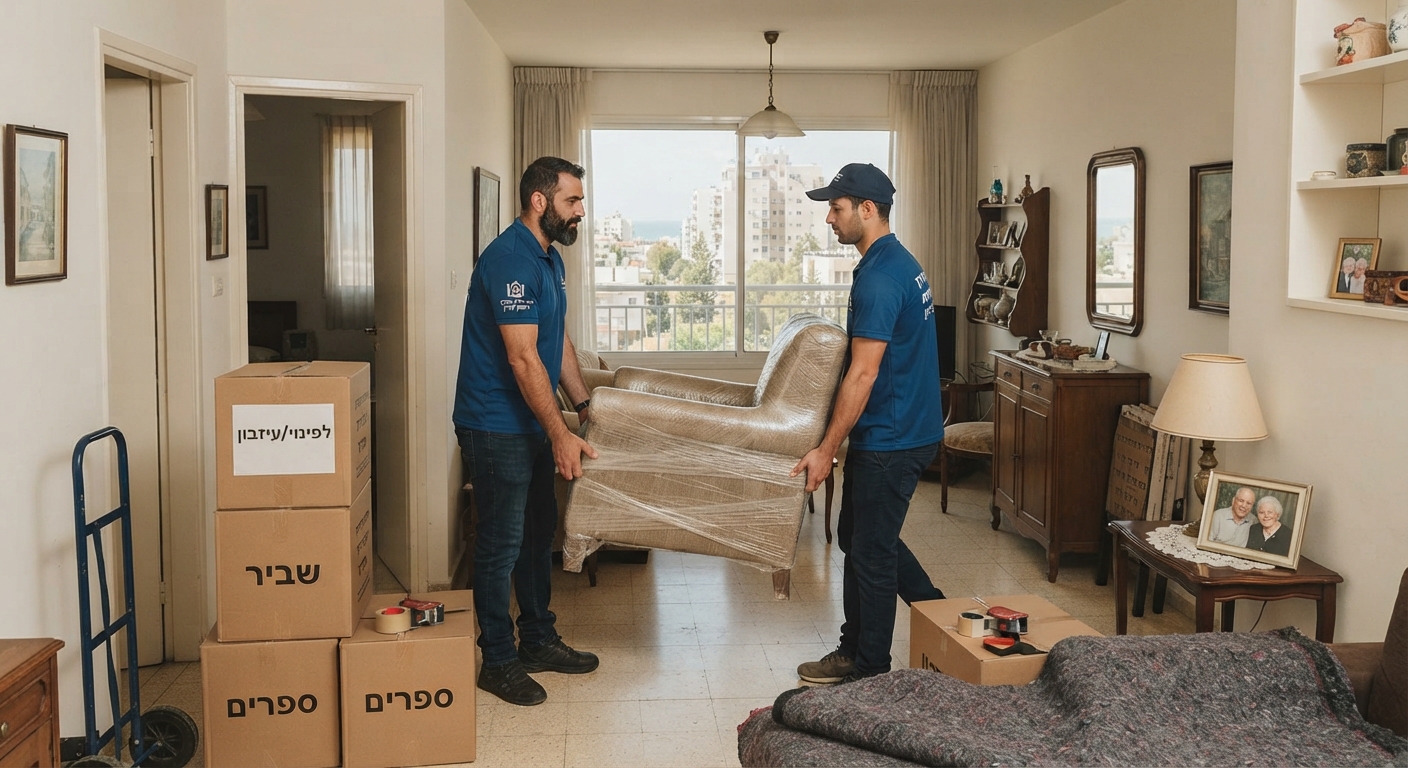 צוות מקצועי של חברת פינוי דירות אורז ומפנה בעדינות חפצים, ארגזים ורהיטים במהלך פינוי דירת עיזבון בראשון לציון.