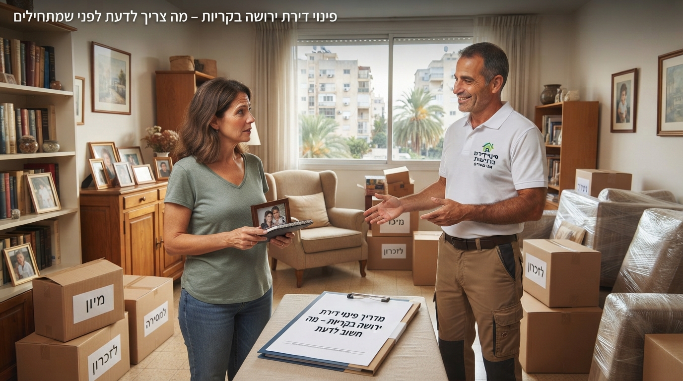 דירה מוארת ומסודרת בקריות במהלך תהליך פינוי דירת ירושה, עם ארגזי קרטון ארוזים באווירה מכבדת ומקצועית.
