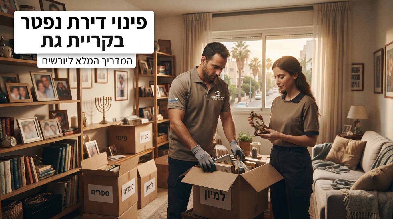 דירה מוארת ומסודרת בקריית גת בשלבי פינוי וסידור מכבד, עם ארגזים ארוזים בעדינות, הממחישה תהליך רגיש של פינוי דירת נפטר.