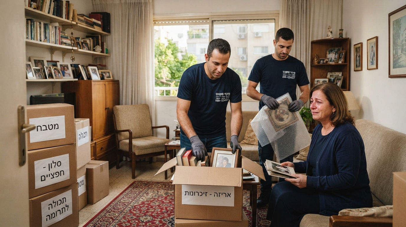 דירה מוארת ומסודרת במהלך תהליך פינוי תכולה ועיזבון של נפטר בקריית אתא, המציגה סדר, ארגזים ארוזים ומענה מקצועי ורגיש.