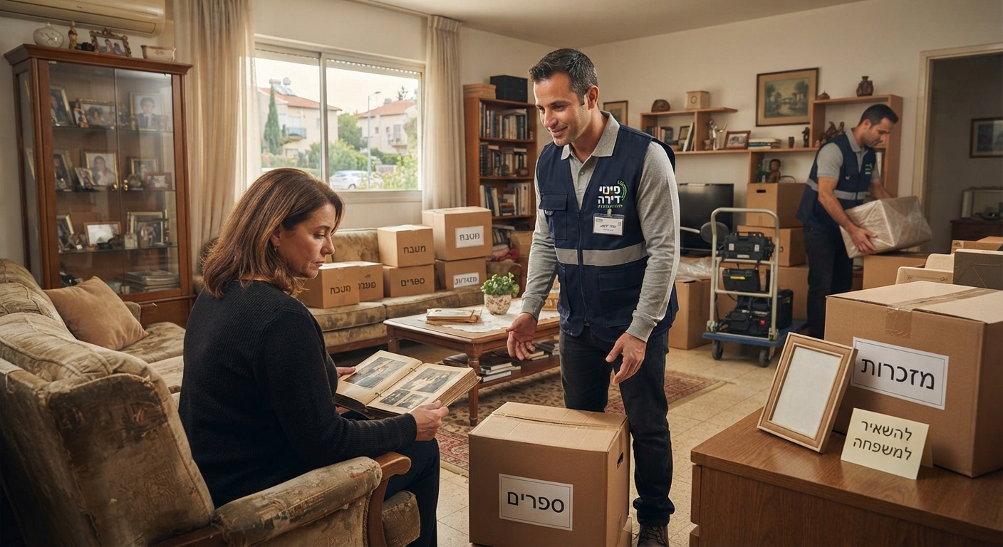 סלון דירה מואר ומסודר בקריית אונו במהלך תהליך פינוי עיזבון מכבד, עם ארגזים ארוזים המסמלים התחלה חדשה ורגישות לחפצי הנפטר.