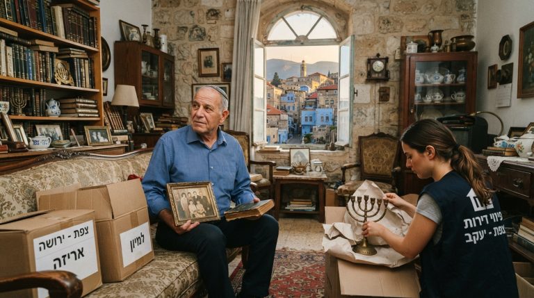 מבט פנימה אל דירת אבן עתיקה בצפת בתהליך פינוי ירושה, עם ארגזים ארוזים ואור שמש רך החודר מבעד לחלון המשקיף לנוף הגלילי.