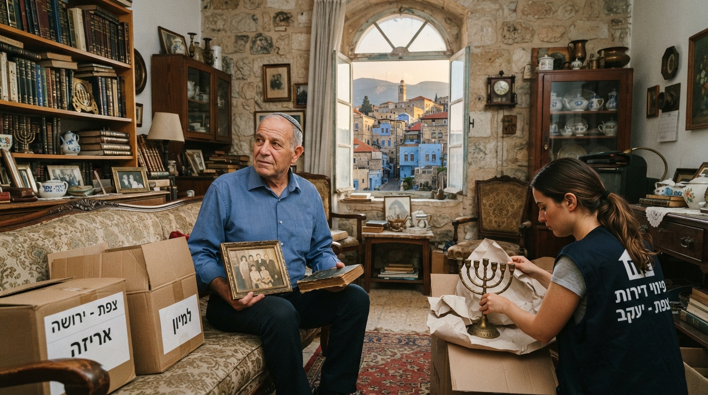 מבט פנימה אל דירת אבן עתיקה בצפת בתהליך פינוי ירושה, עם ארגזים ארוזים ואור שמש רך החודר מבעד לחלון המשקיף לנוף הגלילי.
