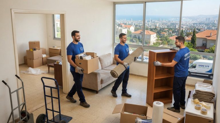 צוות מקצועי של חברת פינוי פשוט במהלך פינוי דירה בנשר, עם קרטונים וציוד ארוז בדירה נקייה ומסודרת.