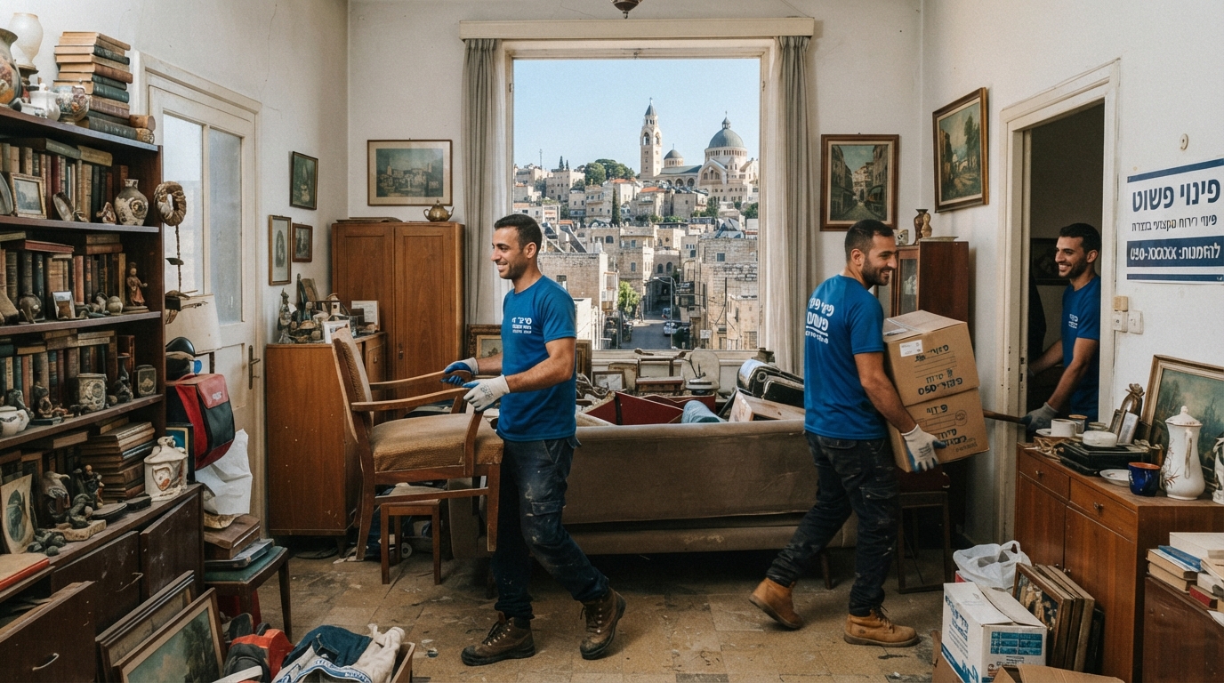 צוות מקצועי של חברת 'פינוי פשוט' במהלך פינוי דירה בנצרת, מפנה רהיטים וארגזים מדירה מוארת בצורה מסודרת ויעילה.