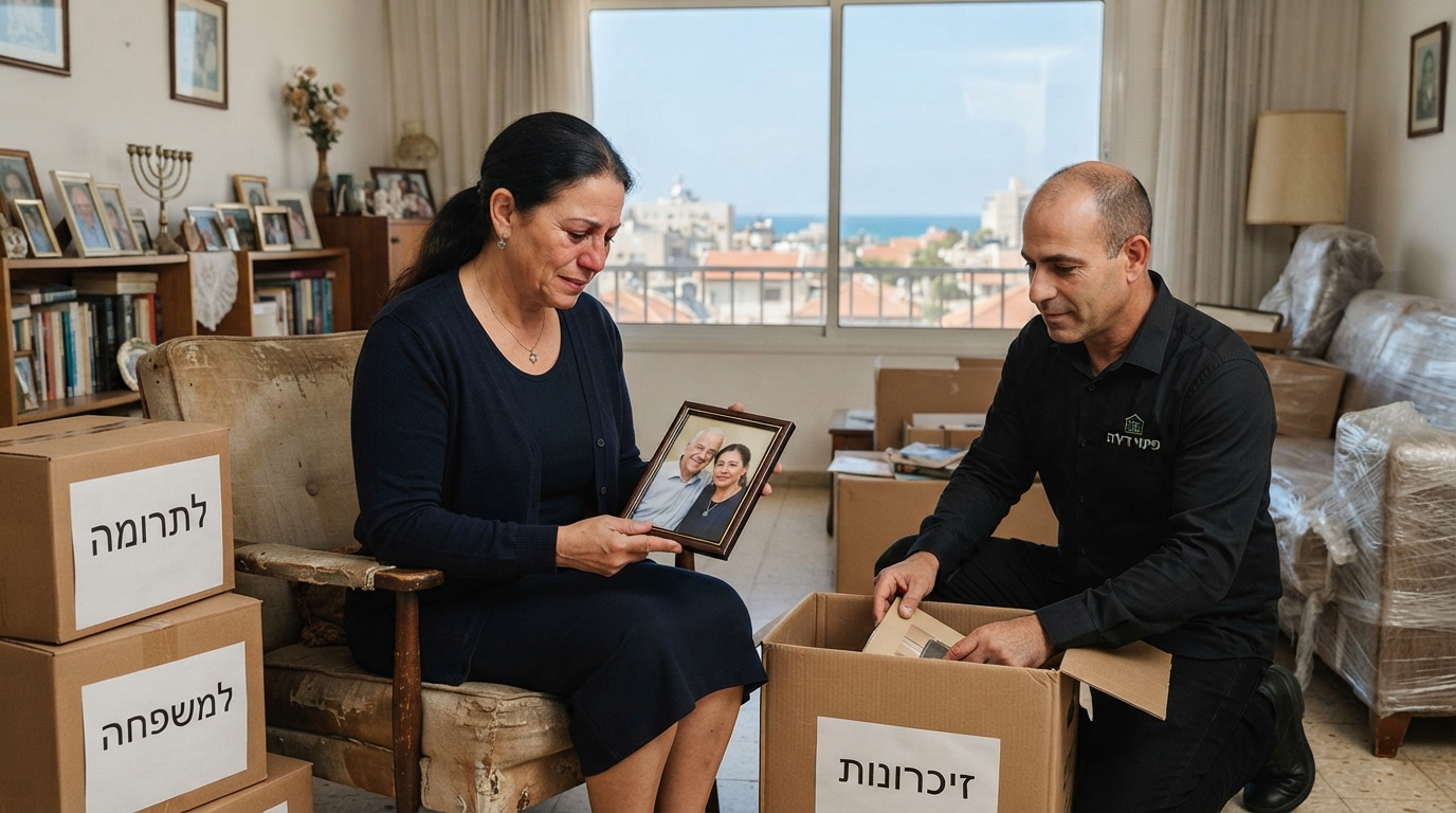 דירה מוארת ומסודרת בנהריה במהלך תהליך פינוי מכבד של דירת נפטר, עם ארגזים ארוזים המשרים תחושת סדר, רוגע ומעבר רגיש.