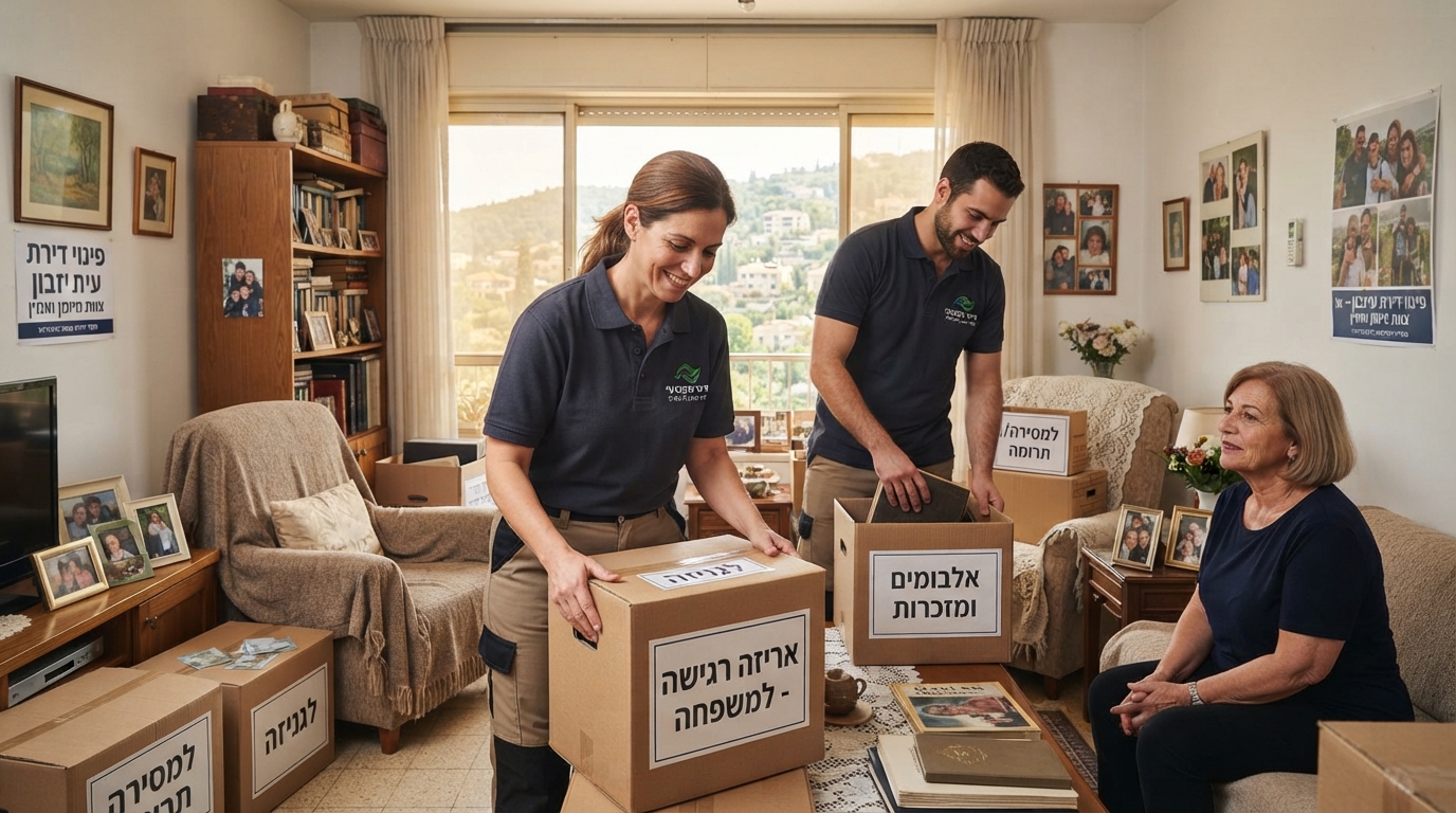 תהליך מכבד של פינוי דירת עיזבון במעלות: ארגזים ארוזים ומסודרים בחדר מואר, המסמלים מעבר מסודר ורגיש של תכולת הבית.