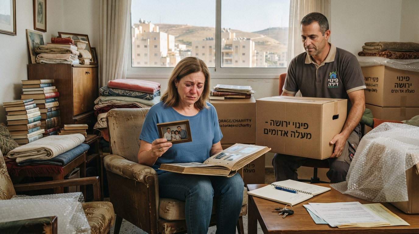 תהליך פינוי וסידור מכבד של דירת ירושה במעלה אדומים, עם ארגזים ארוזים בחדר מואר המשקיף אל נוף העיר.