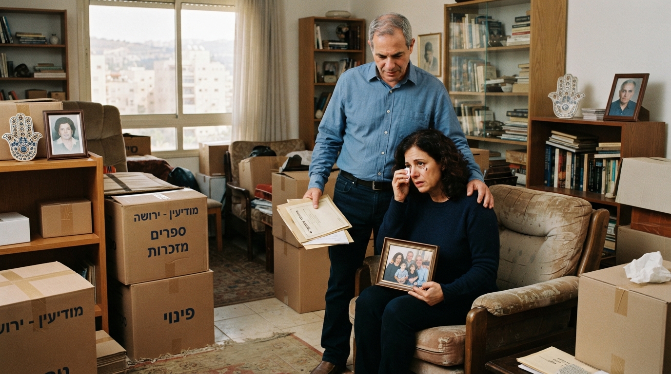 דירה מוארת ומסודרת במודיעין בתהליך פינוי וארגון, עם ארגזים ארוזים וחלון המשקיף אל נוף בנייני האבן האופייניים למודיעין.
