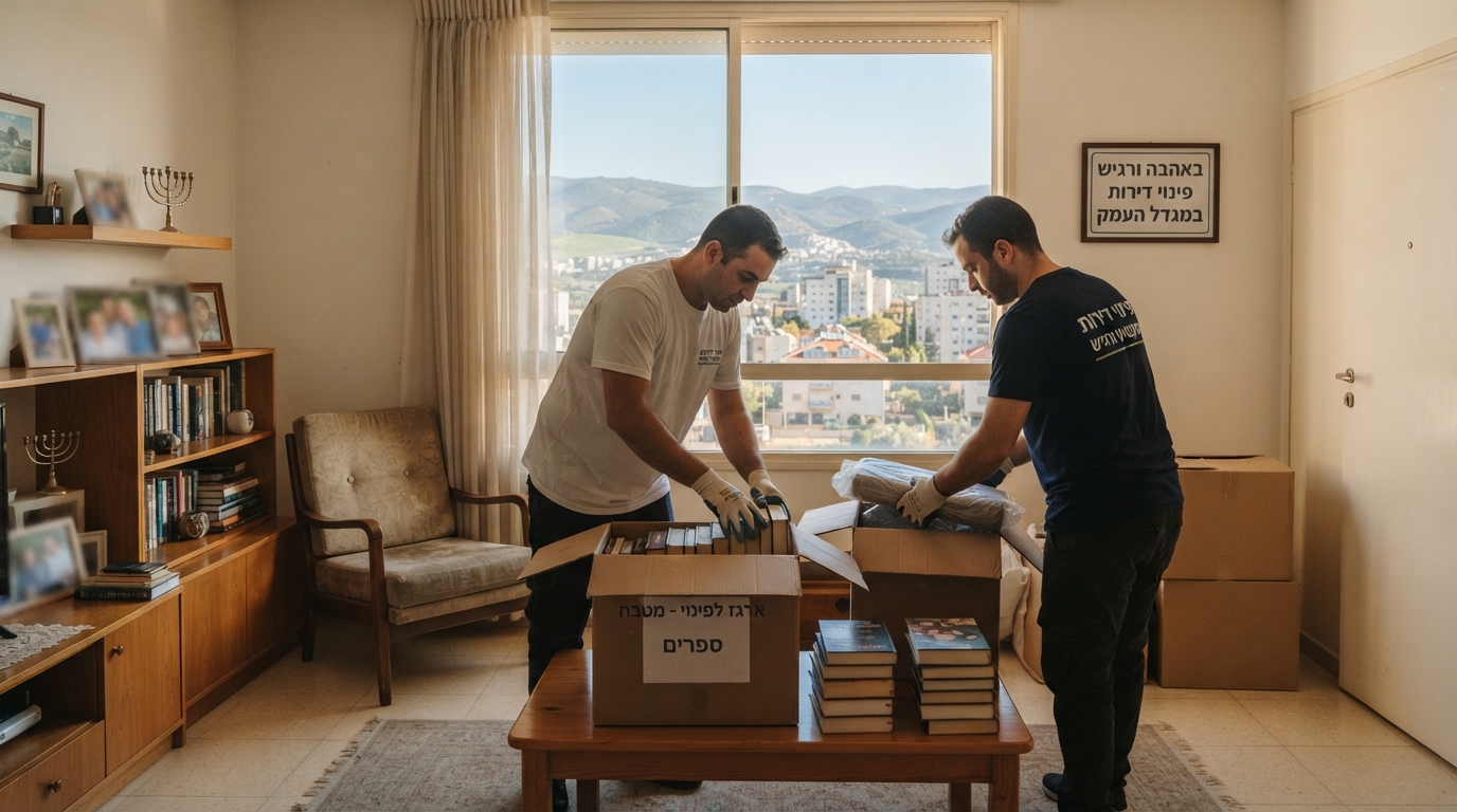 תהליך רגיש ומכבד של פינוי דירת נפטר במגדל העמק, הכולל אריזת חפצים ומיון תכולת הבית בארגזים בצורה מסודרת.
