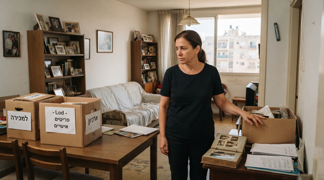 דירה בלוד בתהליך מיון וארגון מכובד כחלק מפינוי דירת נפטר, עם ארגזים ארוזים וחלל מסודר ברגישות.