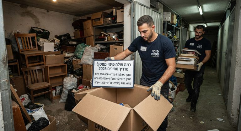 אנשי צוות של חברת פינוי פשוט מפנים חפצים, קרטונים ורהיטים ישנים מתוך מחסן עמוס ומבולגן.