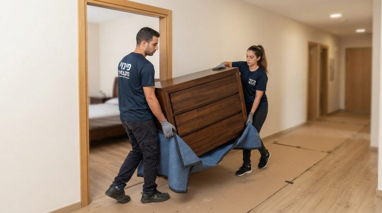 שני מובילים מקצועיים מחברת פינוי דירות מובילים בזהירות שידת עץ כבדה במסדרון צר, תוך הגנה על הקירות והרצפה מפני שריטות ונזקים.