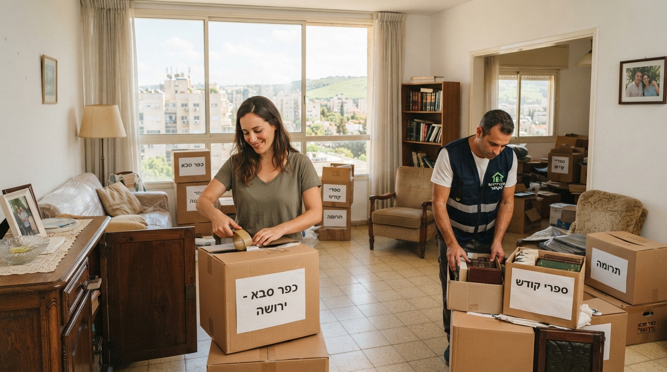צוות מקצועי מפנה ומסדר ארגזים וחפצים בדירת ירושה בכפר סבא, בתהליך פינוי דירה מכבד ויעיל.