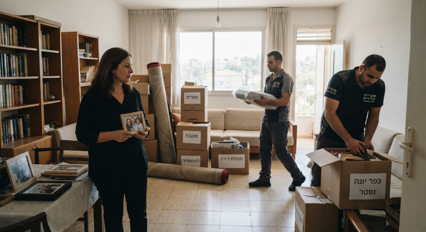 חדר מגורים מואר ומסודר בכפר יונה עם ארגזים ארוזים ברגישות, המייצג תהליך מקצועי של פינוי דירת נפטר עבור משפחות.