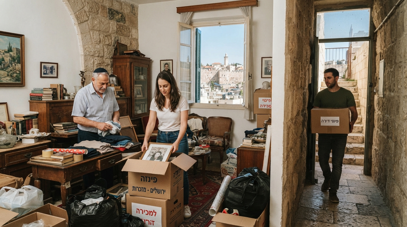 אנשי מקצוע מחברת פינוי דירות מעבירים בזהירות ארגזים וחפצים במהלך פינוי דירת עיזבון בירושלים, על רקע נוף ירושלמי של סמטאות ובתי אבן.