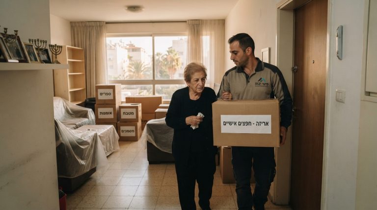 צוות מקצועי מבצע פינוי דירת נפטר ביבנה ברגישות ובצורה מסודרת, עם ארגזים ארוזים בחדר מואר ונקי.