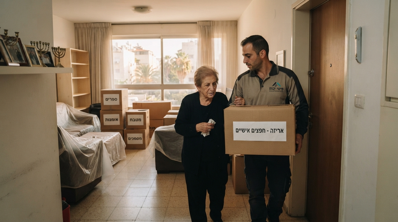 צוות מקצועי מבצע פינוי דירת נפטר ביבנה ברגישות ובצורה מסודרת, עם ארגזים ארוזים בחדר מואר ונקי.