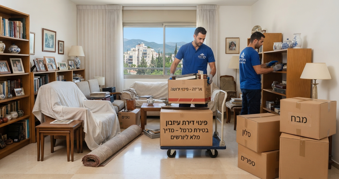 דירת עיזבון בטירת כרמל בתהליך של מיון, אריזה ופינוי חפצים בצורה מסודרת ומכבדת עבור יורשים.
