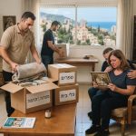 אנשי מקצוע מפנים ברגישות דירת עיזבון בחיפה, עם ארגזים מסודרים ונוף של חיפה מהחלון, הממחישים תהליך של פינוי דירה לאחר פטירה בצורה מכבדת.