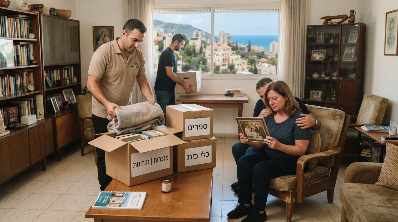 אנשי מקצוע מפנים ברגישות דירת עיזבון בחיפה, עם ארגזים מסודרים ונוף של חיפה מהחלון, הממחישים תהליך של פינוי דירה לאחר פטירה בצורה מכבדת.