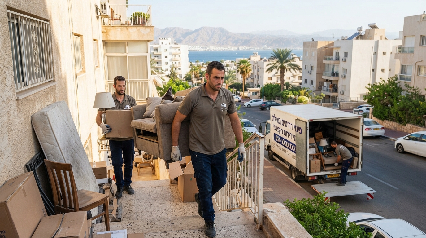 צוות מובילים מקצועי מפנה ספה ורהיטים ישנים מדירה באילת אל תוך משאית פינוי, על רקע נוף הרי אילת ועצי דקל ביום שמש.