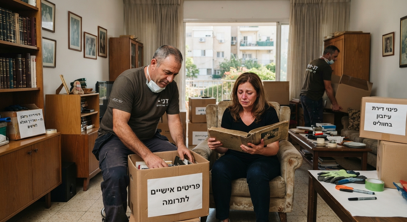 דירה בחולון בתהליך מאורגן ומכבד של פינוי עיזבון, עם ארגזים ארוזים ומסודרים, באווירה רגישה ומקצועית עבור יורשים.