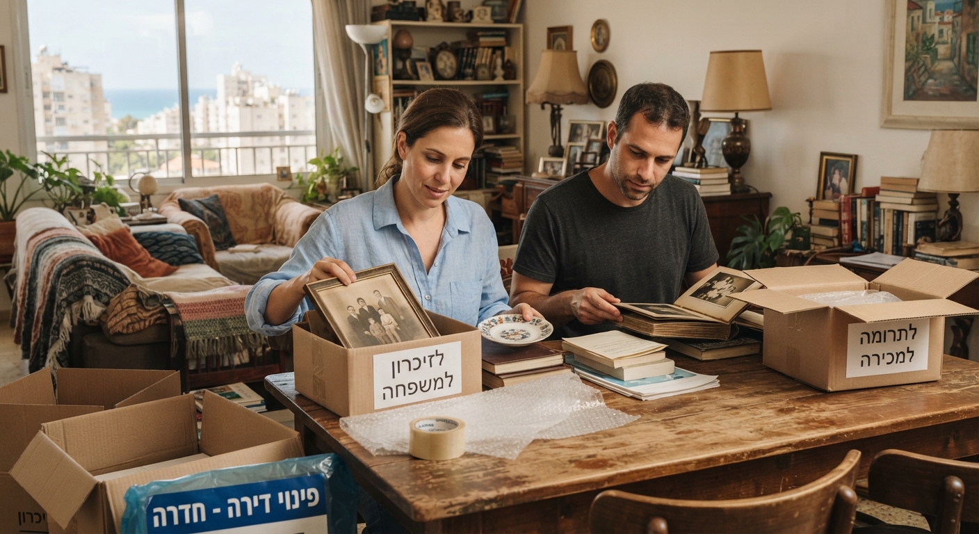 דירת מגורים בחדרה בתהליך פינוי ירושה, עם ארגזים ארוזים בצורה מסודרת ומכובדת, המייצגת תהליך פינוי דירה רגיש ומקצועי עבור יורשים.