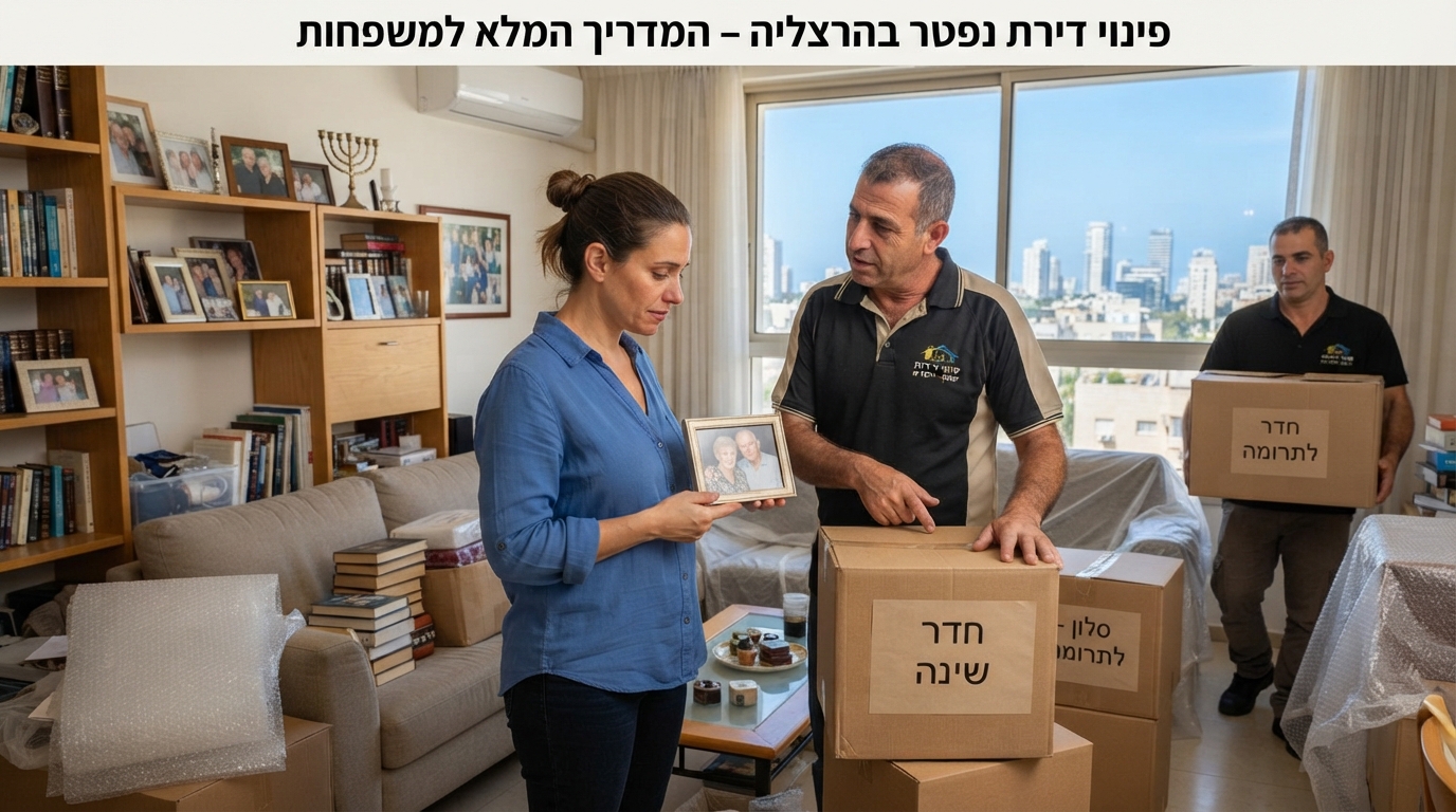 דירה מוארת ומסודרת בהרצליה במהלך תהליך מיון וארגון תכולה ברגישות, עם ארגזי קרטון ארוזים בצורה מכובדת המייצגת פינוי דירת נפטר.