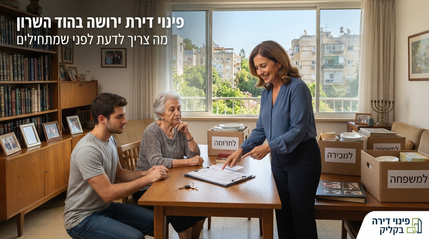 דירה מוארת ומאורגנת בתהליך פינוי ואריזה של עיזבון וירושה בהוד השרון, עם ארגזים מסודרים וחלון המשקיף אל הנוף הירוק של העיר.