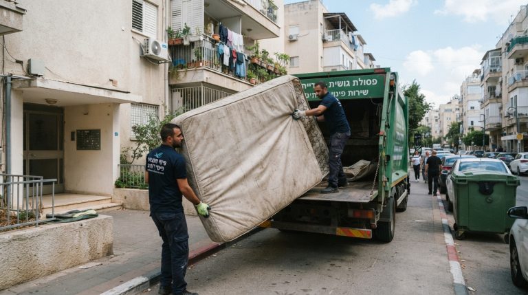 מזרן ישן זרוק על המדרכה ברחוב עירוני לצד פחי אשפה, הממחיש את הבעיה של השלכת פסולת גושית בצורה לא חוקית.