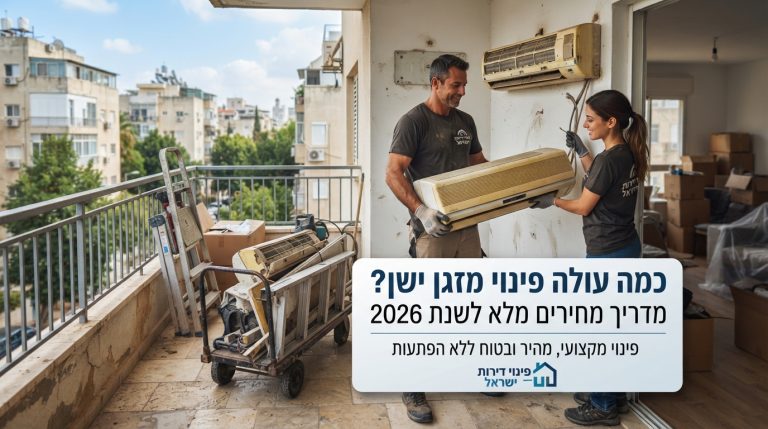 איש מקצוע מחברת פינוי דירות מפרק ומפנה מזגן עילי ישן ומאובק מקיר של דירה, כחלק משירות פינוי מזגנים