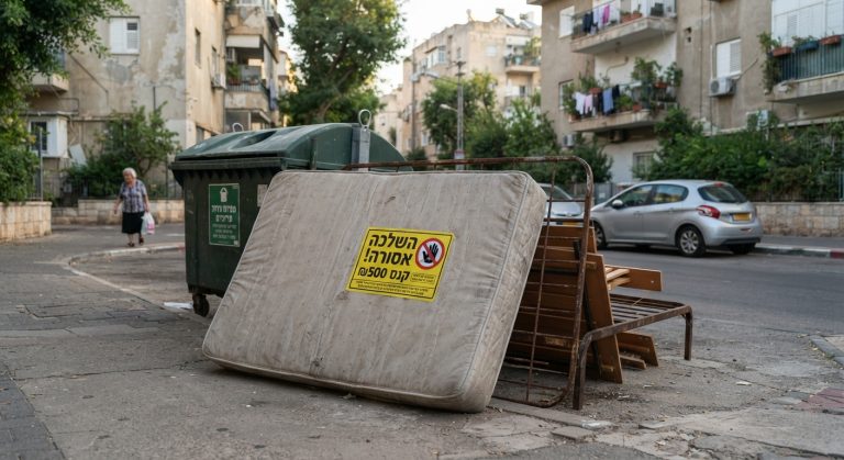 מיטה זוגית ישנה ומפורקת מונחת על מדרכה ברחוב עירוני ליד פח זבל, הממחישה את הבעייתיות של השלכת פסולת גושית ורהיטים ללא תיאום עם העירייה.