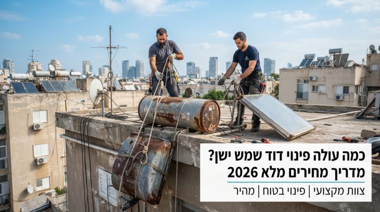 צוות מקצועי מפנה דוד שמש ישן וחלוד מגג בניין, כחלק משירות פינוי ציוד ומפגעים מהגג.