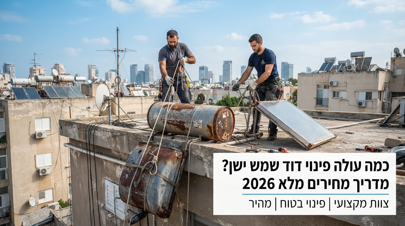 צוות מקצועי מפנה דוד שמש ישן וחלוד מגג בניין, כחלק משירות פינוי ציוד ומפגעים מהגג.