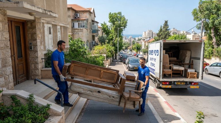 צוות מקצועי מפנה רהיטים ישנים (ספה וארון) מדירה באשקלון בצורה נקייה ויעילה, שירות פינוי רהיטים של חברת פינוי פשוט.