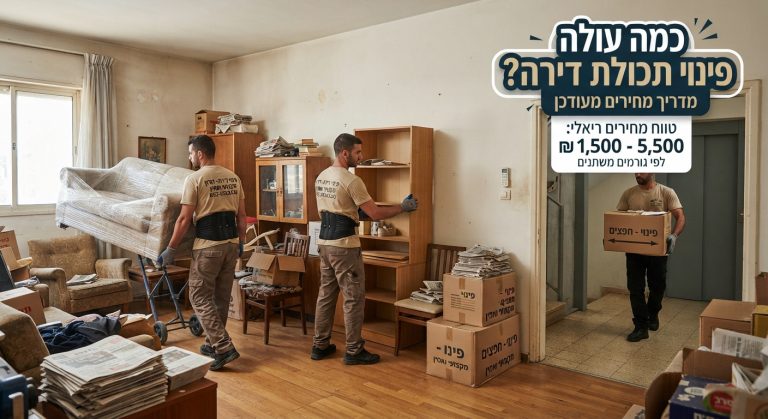 צוות מקצועי של חברת פינוי דירות מכין ארגזים ותכולת דירה לפינוי, על רקע סמל של מחיר ועלויות הוגנות.