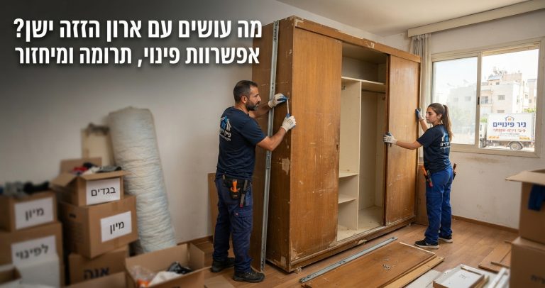 צוות מקצועי של חברת פינוי דירות מפרק ומפנה ארון הזזה ישן מתוך דירה, כחלק מתהליך פינוי, תרומה או מיחזור רהיטים.