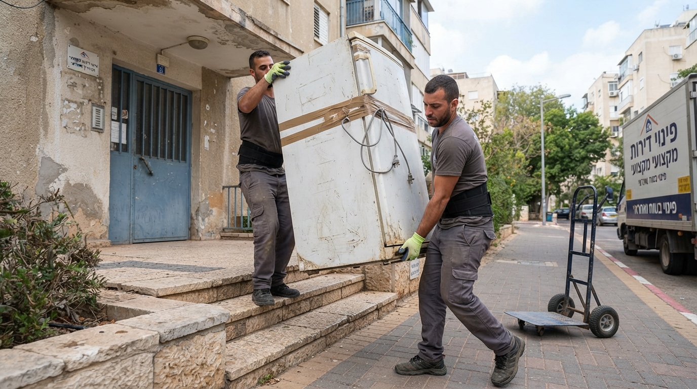 אנשי מקצוע מחברת פינוי דירות מפנים מקפיא ישן, גדול וכבד מתוך דירה בצורה בטוחה ואחראית.